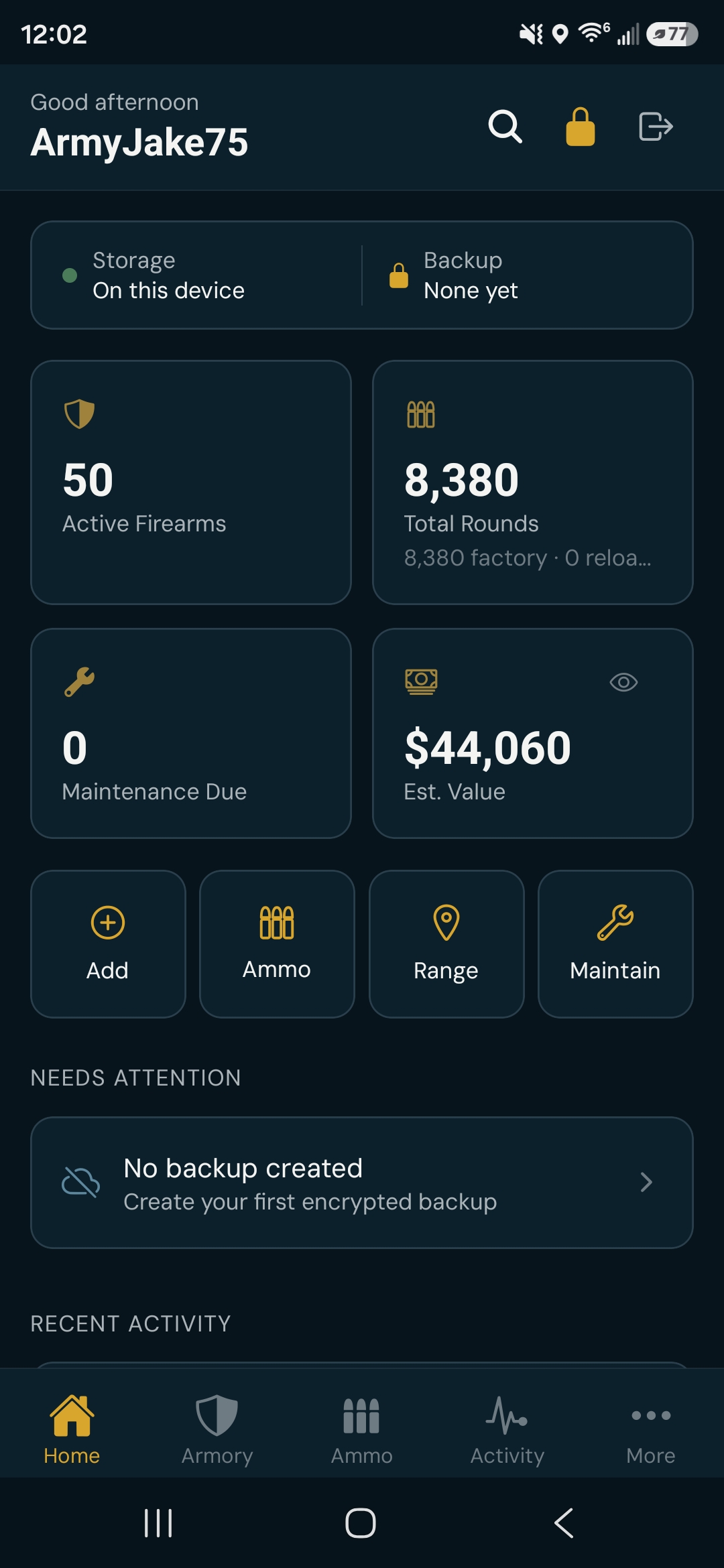 Valhalla Armory dashboard showing local storage, backup status, firearm and ammunition totals, maintenance, value, and recent activity