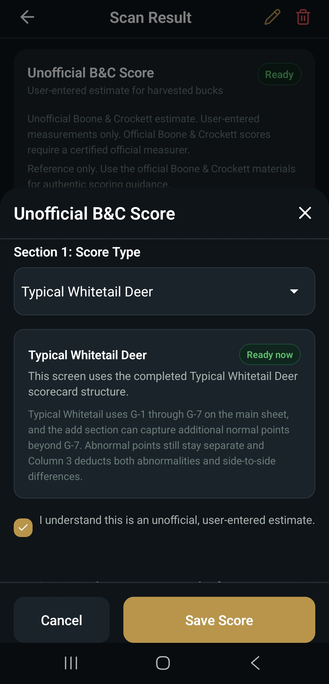 Boone and Crockett scoring screen 1