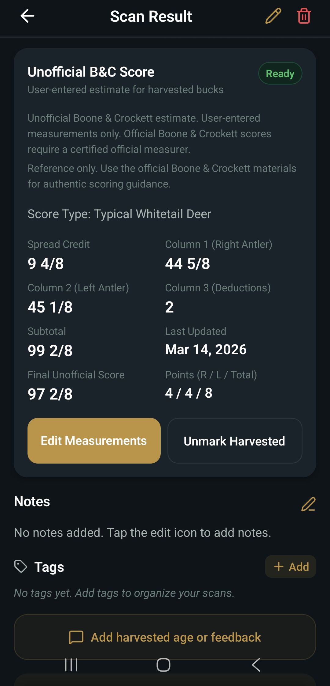Boone and Crockett scoring screen 3