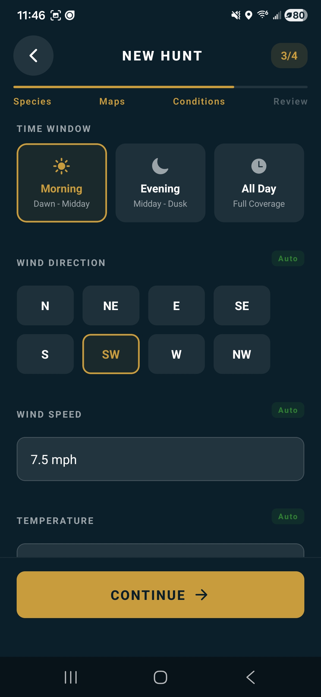 Raven Scout hunt conditions screen