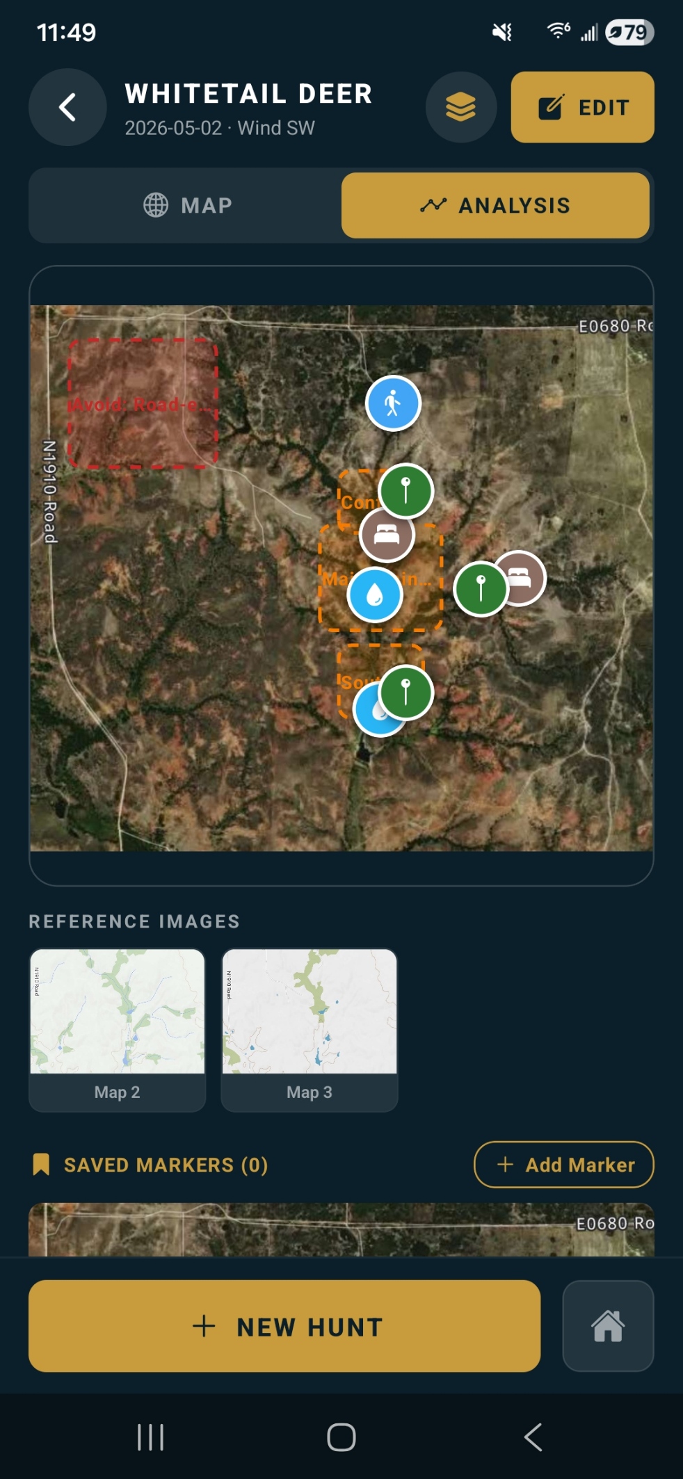 Raven Scout terrain intelligence overlay with hunt zones and map pins